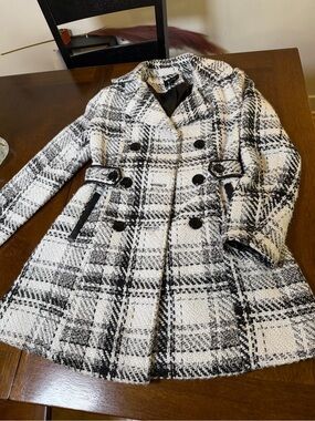 by & by Black and White Plaid Double-Breasted Pea Coat
